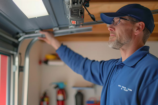 technicien en train de réparer une porte de garage